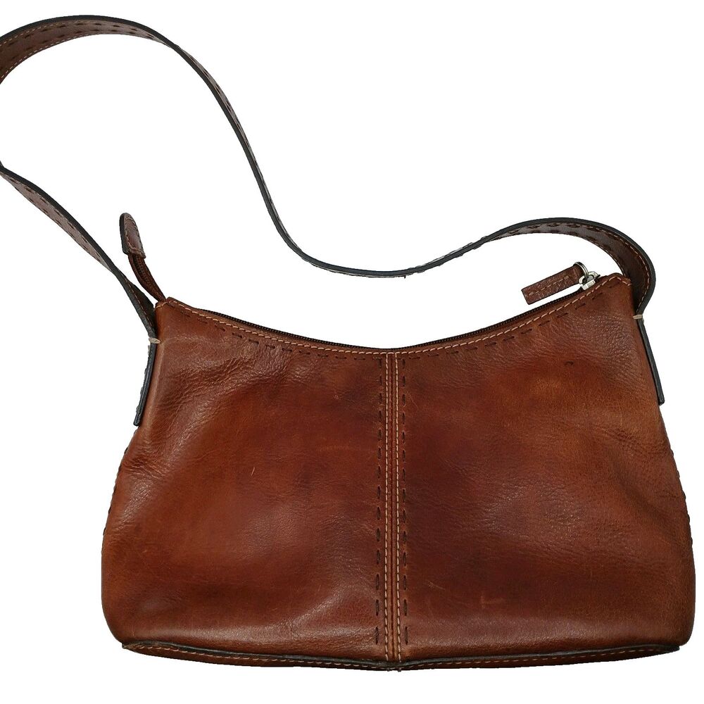 Vtg Fossil Brown Leather Baguette Shoulder Bag Topstitch Detail 10x7" Y2k Style